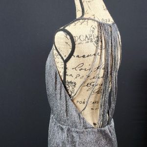 Halston evening gown open back gunmetal front slit